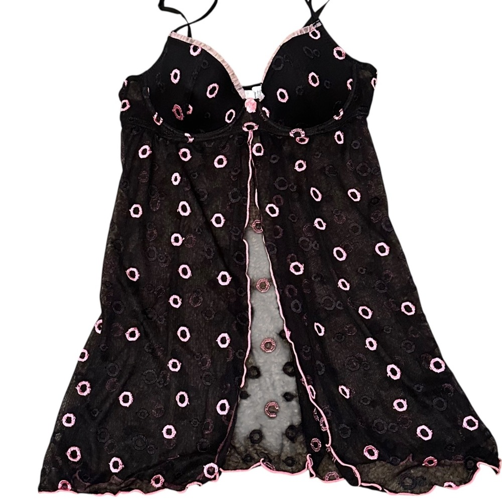 Rampage Nighty Women Medium Black Pink Excellent Sheer Mesh Embroidered Babydoll